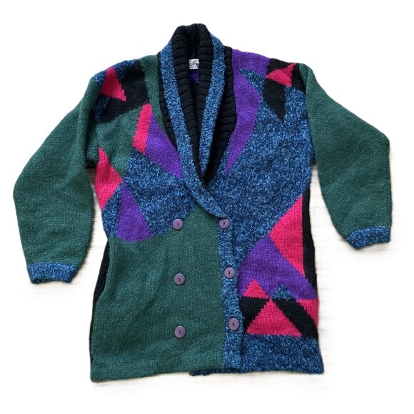 La Monte Mohair Blend Knit Cardigan Sweater Jacket Vintage Jewel Tone Geometric - Picture 4 of 11